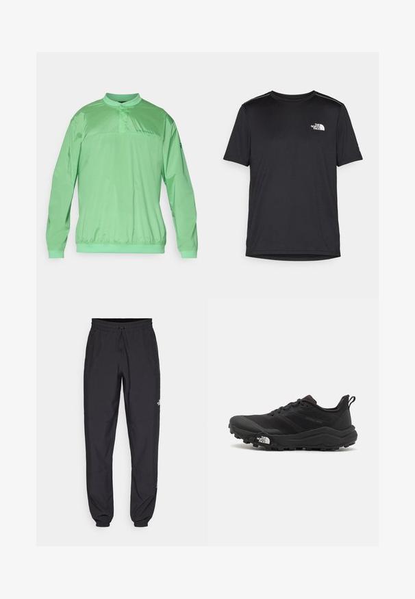 Ljusgrön tröja med dragkedja och mandarinkrage, elastisk midja, långa ärmar och logotyp på bröstet. Slätt, lätt tyg.; Svart kortärmad T-shirt i lättviktig tyg. Har en liten vit logotyp på vänster bröst och subtila axeltoner.; Svarta träningsbyxor tillverkade av lättviktsmaterial, med dragsko i midjan, sidofickor och avsmalnande muddar vid anklarna.; Svart terränglöparsko med en strukturerad ovandel, gummisula och förstärkt tåhätta. Har en vadderad krage och en dragflik för enkel påtagning.