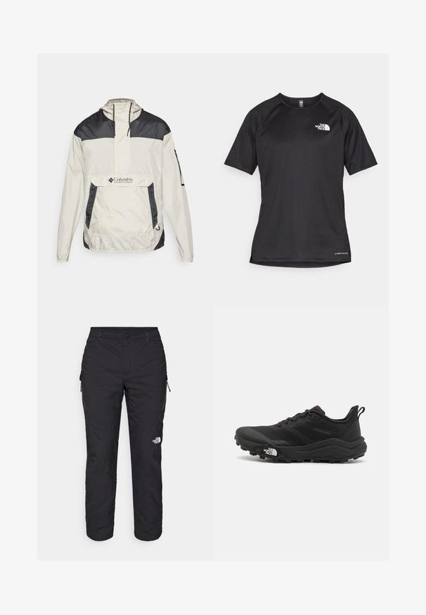 Columbia CHALLENGER™ szary; Czarna, krótkosleeve'owa koszulka sportowa z teksturowanej tkaniny, z białym logo na lewej piersi i prostym dołem.; The North Face WINTER EXPLORATION czarny; Czarne buty do biegania w terenie z teksturowaną cholewką, gumową podeszwą i wzmocnionym noskiem. Posiadają wyściełany kołnierz oraz uchwyt do łatwego zakładania.