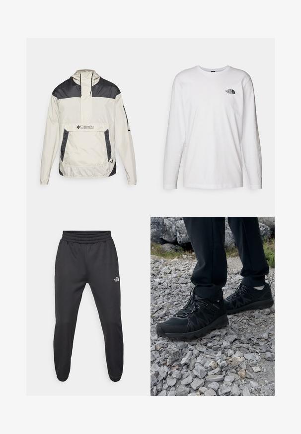 Columbia CHALLENGER™ - Windbreakers - dark stone, shark; Hvid langærmet T-shirt lavet af bomuld med rund hals. Har et lille sort logo på brystet. Glat tekstur, almindelig pasform.; Sorte sweatpants med snor i livet, tætsiddende pasform, elastiske manchetter og et lille hvidt logo på venstre lår, lavet af glat stof.; Sorte udendørssko med mesh og syntetisk materiale, med en tekstureret overdel, sikre snørebånd og en robust ydersål, på klippelandskab.