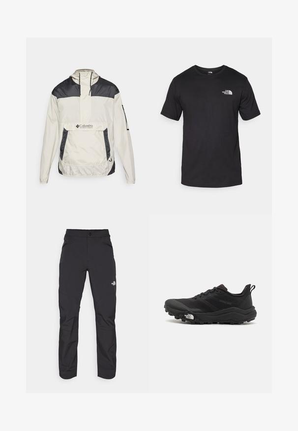 Columbia CHALLENGER™ - Vindjacka - dark stone, shark; Svart t-shirt med kort ärm gjord av bomull, med rund halsringning och en liten vit logotyp på övre vänstra bröstområdet.; Svarta utomhusbyxor med en dragkedja framtill, syntetiskt material, avsmalnande ben och förstärkta knäpaneler. Har en knappstängning.; Svart terränglöparsko med en strukturerad ovandel, gummisula och förstärkt tåhätta. Har en vadderad krage och en dragflik för enkel påtagning.