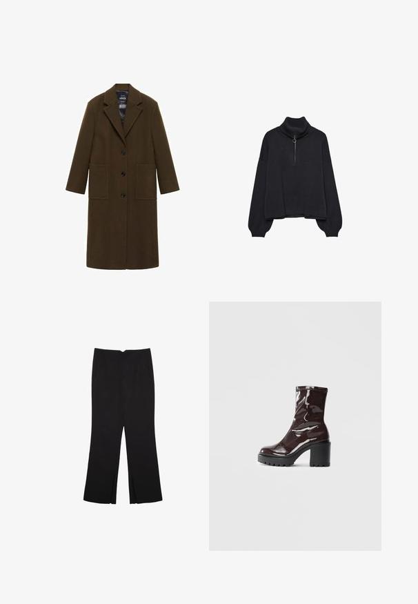 Olivgrön ylleblandad kappa med snedskuren krage, framknäppning med knappar och två stora fickor; slät textur och långa ärmar.; Svart polotröja med halvdragkedja framtill, överdimensionerade ärmar och mjuk textur. Har en ribbad krage och nederkant. Minimalistisk design.; Svarta byxor med rak passform, utrustade med framfickor och sidoklyvningar vid fållen. Tillverkade av mjukt, slätt tyg. Lämpliga för olika tillfällen.; Glansig bordeauxfärgad ankelsko med en kraftig svart klack, som har en slät yta och enkel design. Inga synliga stängningar eller mönster.