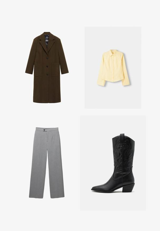 Kabát z vlněné směsi olivově zelené barvy s vykrojeným límcem, předním zapínáním na knoflíky a dvěma velkými kapsami; hladká textura a dlouhé rukávy.; Žlutá pruhovaná košile s dlouhými rukávy, špičatým límečkem a předním zapínáním na knoflíky. Má vertikální modré pruhy a přizpůsobený střih.; Šedé upravené kalhoty s širokými nohavicemi, plochým předním dílem a jemnou texturou. Obsahují zapínání na jeden knoflík a čisté linie.; Černá kožená kovbojská bota s špičatou špičkou, vytlačenými spirálovými vzory a středně vysokým podpatkem. Obsahuje poutko pro snadné obouvání.