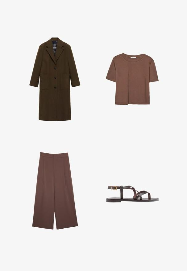 Cappotto in misto lana verde oliva con colletto a punta, chiusura frontale con bottoni e due ampie tasche; texture liscia e maniche lunghe.; Maglietta a maniche corte marrone realizzata in tessuto morbido, con scollatura rotonda e vestibilità rilassata. Nessun motivo o dettaglio visibile.; Pantaloni ampi marroni con una texture liscia, caratterizzati da una vita alta e pieghe frontali. Il tessuto è leggero e scorre liberamente.; Sandal in pelle marrone con cinturini incrociati, chiusura con cinturino alla caviglia e suola piatta con dettagli di cucitura minimi.
