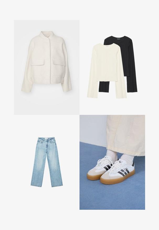 White cropped jacket with a textured wool blend, features a mandarin collar and two front flap pockets. Simple and modern design.; Set of two long-sleeve tops in white and black. Ribbed texture, round neck, fitted design with slightly flared sleeves.; Light blue denim wide-leg jeans with a high waist, featuring a faded wash and small, scattered distressed details throughout.; White sneakers with black stripes and beige suede accents. Feature a textured gum sole and flat white laces, worn with light-colored socks.