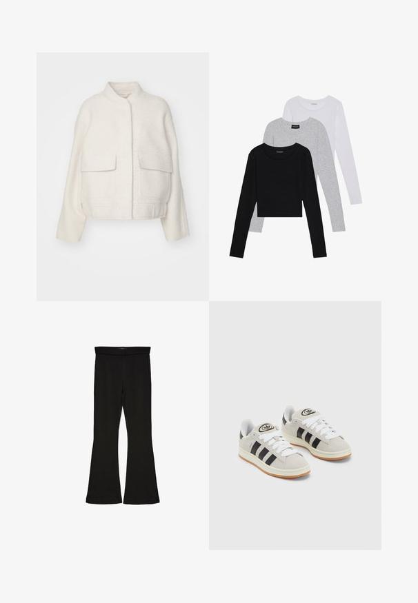 White cropped jacket with a textured wool blend, features a mandarin collar and two front flap pockets. Simple and modern design.; Three long-sleeve tops stacked: black, grey, and white. Each has a round neckline and a cropped design with smooth, lightweight fabric.; Black flare leggings made from stretchy fabric. Features a wide waistband and a smooth texture, with a fitted silhouette that flares at the hem.; Gray suede sneakers with white laces, black stripes, and a white rubber sole. Features a circular logo on the tongue and a gum sole.