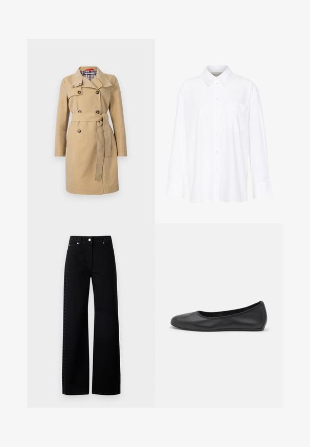 Bēša lietusmētelis ar apkakli, dubultu priekšu, priekšējām kabatām un jostu. Odere ar kokažipa rakstu zilās un baltās krāsās.; Baltais garo piedurkņu krekls ar apkakli, izgatavots no kokvilnas. Aprīkots ar pogu aizdari priekšā un vienu krūšu kabatu. Gluda tekstūra, brīvs piegriezums.; Plašas melnas džinsu bikses ar tekstūru sānu akcentu un pogu aizdari, klasiskā piecu kabatu dizainā un gludā apdarē.; Melna ādas baleta kurpe ar noapaļotu purngalu, gludu tekstūru, minimālu šuvju detalizāciju un elastīgu zoles dizainu.