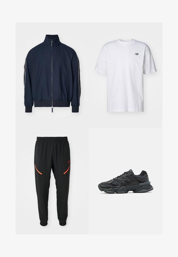 Granatowa kurtka bomberka z wysokim kołnierzem, zapięciem na zamek, kieszeniami bocznymi i kontrastowymi białymi paskami wzdłuż rękawów. Gładka tekstura.; Biała, krótka koszulka z okrągłym dekoltem z krótkim rękawem z małym czarnym logo New Balance na lewej piersi na jednolitym tle.; Czarne spodnie sportowe z elastycznym pasem i mankietami, z ukośnymi czerwonymi kieszeniami na zamek oraz małym czerwonym napisem marki na prawej udzie.; Czarne buty biegowe z mieszanką siateczki i materiałów syntetycznych, masywną podeszwą, opływowym kształtem oraz wyraźnym brandingiem z boku.