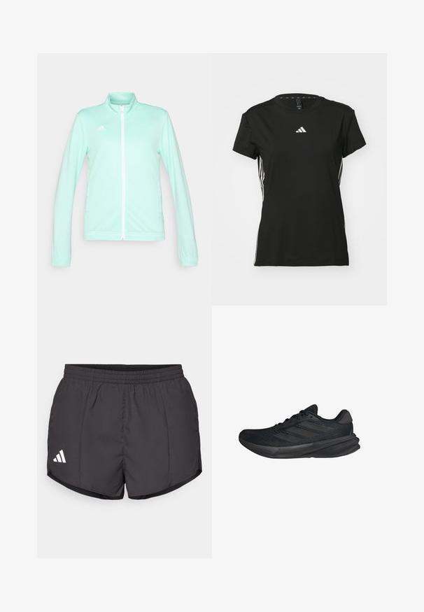 Light mint green zip-up athletic jacket with a stand-up collar, long sleeves, and white zipper. Features adidas logo on the upper left side.; Black athletic t-shirt with short sleeves, made of synthetic material. Features a small white logo on the chest and white stripes on the sides.; Black athletic shorts made of lightweight fabric, featuring an elastic waistband and a white Adidas logo on the lower left side.; Black athletic shoes with a mesh upper, streamlined shape, flat sole, and three diagonal stripes on the side. Lightweight design for comfort.