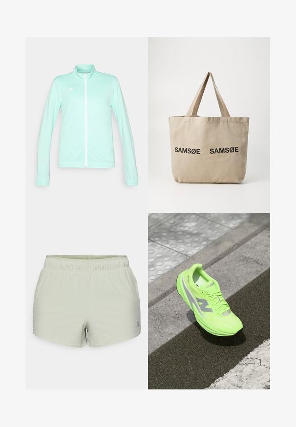 Licht mintgroene zip-up sportjack met een staande kraag, lange mouwen en een witte rits. Bevat het adidas-logo aan de bovenste linkerzijde.; Lange mouwen lichtgroen shirt gemaakt van gestructureerde stof, met een ronde halslijn en een klein logo op de linkerkant van de borst.; Lichtgroene sportshorts van ademend materiaal, met een geperforeerde textuur en elastische tailleband. Logo aan de zijkant gedrukt.; Heldere neon groene New Balance hardloopschoen rustend op gestructureerd asfalt nabij een tastbare loopoppervlak en de rand van de stoep.; Beige canvas schoudertas met twee zwarte bedrukte "SAMØE" logo's. Heeft stevige beige schouderbanden en een eenvoudig, ongestructureerd ontwerp.