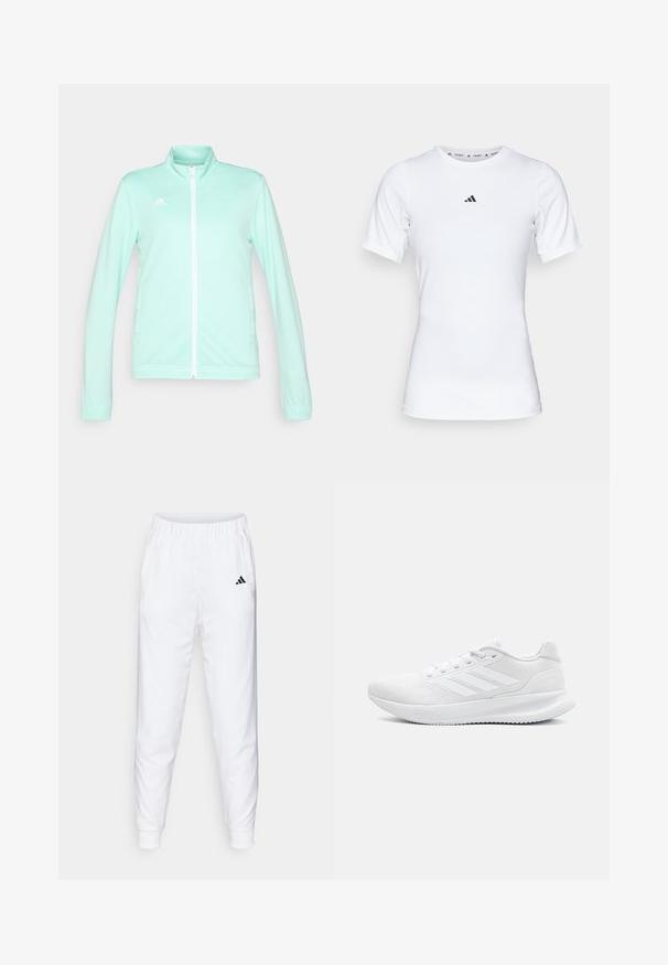 Jachetă sport zip-up de un verde menta deschis, cu guler înalt, mâneci lungi și fermoar alb. Prezentă logo-ul adidas în partea superioară stângă.; Cămașă sport albă cu mâneci scurte, realizată dintr-un material neted și elastic. Prezintă un mic logo Adidas negru pe piept.; Pantaloni atletici albi cu talie elastică și manșete. Au buzunare laterale și un mic logo negru pe coapsa stângă. Finisaj dintr-un material neted.; Încălțăminte sportivă albă din material mesh, cu un design elegant, vârf rotund, toc structurat și trei dungi pe partea exterioară.