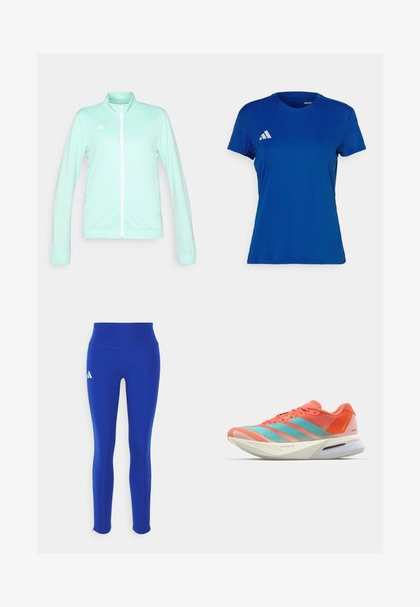 Helle minzgrüne Athletics-Jacke mit Reißverschluss, Stehkragen, langen Ärmeln und weißem Reißverschluss. Mit adidas-Logo auf der oberen linken Seite.; Blaues sportliches T-Shirt mit kurzen Ärmeln und rundem Halsausschnitt; aus leichtem Material; mit einem weißen Adidas-Logo auf der linken Schulter.; Blaue Sportleggings mit hohem Bund, aus dehnbarem Material, mit einem weißen Logo auf der linken Hüfte und unauffälligen Säumen.; Laufschuh mit einem atmungsaktiven Mesh-Obermaterial in Koralle und Aqua, ausgestattet mit drei Streifen, einer gepolsterten Sohle und einem eleganten Design.