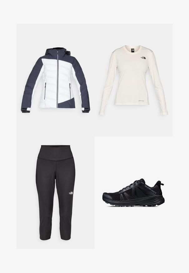 Zateplená bunda v námorníckej modrej a bielej farbe, ktorá má zips, kapucňu a zipsové bočné vrecká. Dizajn zahŕňa geometrický vzor s farebnými blokmi.; The North Face SHADOW LONG SLEEVE - Top s dlhým rukávom - white dune; Čierne capri legíny vyrobené z elastickej tkaniny, s vysokým pásom a malým bielym logom na ľavej strane. Hladká textúra.; Čierna trailová bežecká obuv s vrchnou časťou z sieťoviny a gumovou podrážkou. Obsahuje textúrované prekrývania, vystuženú špičku a logo značky na päte.