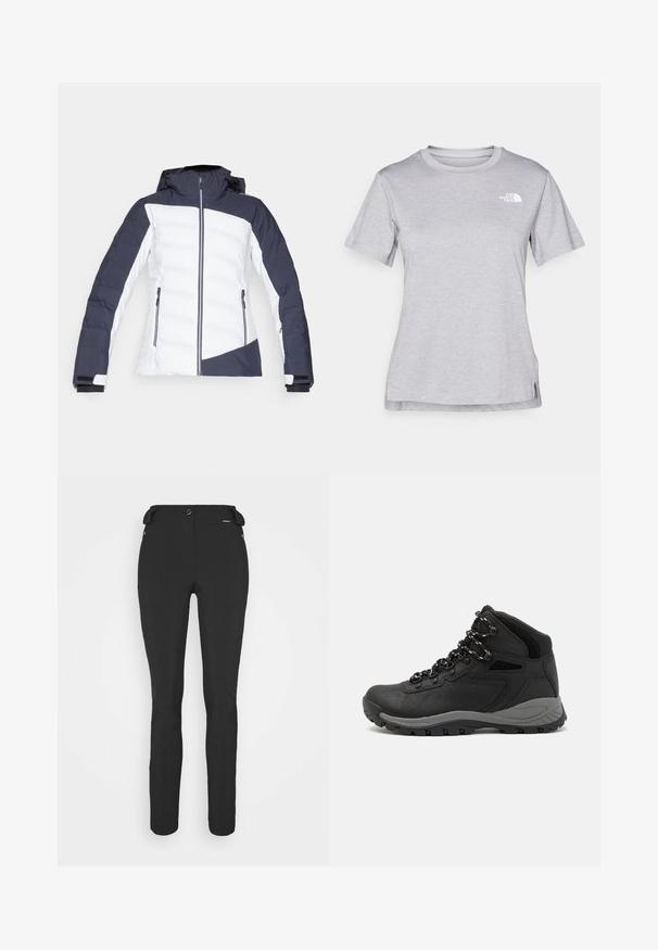 Navy-weiße gepolsterte Jacke mit Reißverschluss, Kapuze und Reißverschlusstaschen an den Seiten. Das Design umfasst ein geometrisches Farbblockmuster.; Graues T-Shirt mit kurzen Ärmeln aus weichem, feuchtigkeitsableitendem Stoff. Hat einen Rundhalsausschnitt und ein kleines weißes Logo auf der oberen linken Seite.; Schwarze, enganliegende Hosen aus einem flexiblen Material. Zu den Merkmalen gehören eine seitliche Reißverschlusstasche, vorgeformte Knie und eine glatte Textur.; Schwarzer Wanderstiefel mit einem mittelhohen Design, ausgestattet mit einer strukturierten Oberfläche, grauen Akzenten und einer robusten Gummisohle mit Profilstollen.