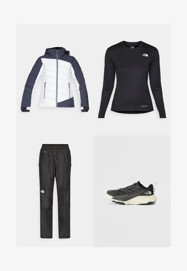 Kék és fehér színű, párnázott kabát, cipzáras záródással, kapucnival és cipzáras oldalzsebekkel. A dizájn geometrikus színblokkolású mintát tartalmaz.; The North Face SHADOW LONG SLEEVE - Hosszú ujjú felső - black; Fekete vízálló nadrág könnyű anyagból, rugalmas derékkal, oldalsó zsebekkel és logóval a bal lábon.; Fekete sportcipő, texturált felsőrésszel, szürke kiegészítőkkel és fehér középtalppal. Húzófüllel és kiemelkedő márkalandírral a sarkán.