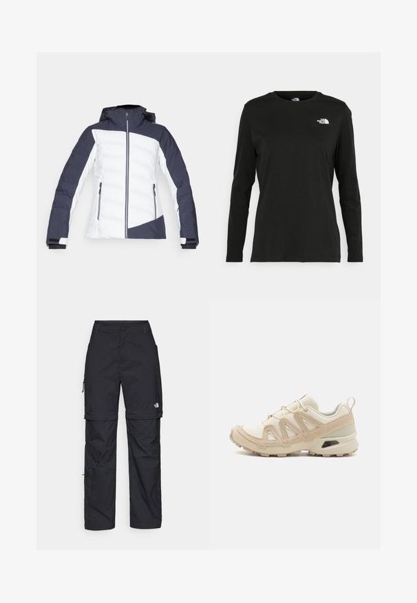 Tumed slane jakk navy ja valge, mis sisaldab tõmblukuga sulgemist, kapuutsi ja tõmblukuga küljetaskud. Disain sisaldab geomeetrilist värvide plokkmustrit.; Must mustahiheline T-särk, millel on pikad varrukad, valmistatud puuvillast ja ümarast kaelusest. Vasakul rinnal on väike valge logo. Lihtne disain ja sobivus.; Mustad nailonist valmistatud eemaldatavad cargo-püksid, reguleeritavate pahkluudega, mitmete taskutega ja paremal jalal logoga. Sile, kerge tekstuur.; Beež ja koobalti spordijalats tekstureeritud võrkkattega, toetavad ülemised kihid ja kummist tallaga, millel on mustriga joonistus haardeks.