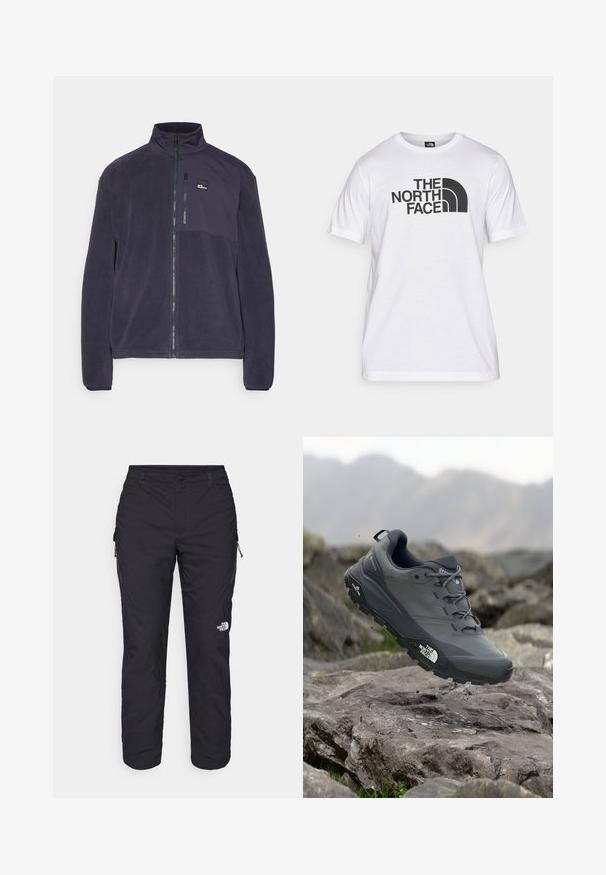 Giacca in pile navy con zip completa, colletto alto e tasca sul petto; presenta una texture morbida e una patch con logo sul lato sinistro superiore.; T-shirt bianca in cotone con stampa grafica nera che presenta testo e un design del logo curvo. Collo rotondo e maniche corte. Texture semplice.; The North Face WINTER EXPLORATION TAPERED CARGO - Pantaloni outdoor - black; Scarpa da trail running grigia con tomaia testurizzata, suola in gomma resistente e punta rinforzata. Presenta lacci e logo del marchio sul lato.
