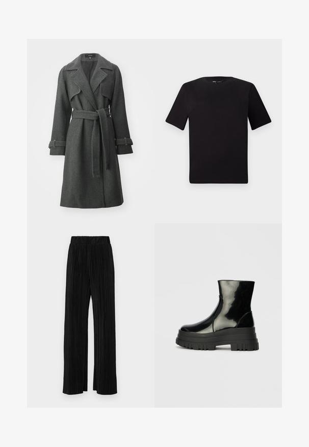 Pelēks vilnas lietusmētelis ar jostu viduklī, izgrieztu apkakli un garām piedurknēm ar cilpiņām. Iezīmē kontrastējošas šuves un taisnu piegriezumu.; Melnas īsām piedurknēm T-krekls ar apaļu kakla izgriezumu, izgatavots no mīksta kokvilnas auduma. Vienkāršs dizains, bez redzamām logo vai rakstiem.; Melni plīšu bikses ar elastīgu jostu. Tām ir platākas kājas un gluda, teksturēta auduma ar vertikālām svītrām.; Melnas spīdīgas potītes zābaki ar biezu zoli un noapaļotu purngalu, sānu skats uz vienkārša gaiši pelēka fona.