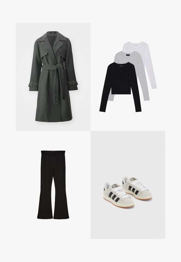 Sivi vuneni kaput s izdvojenim strukom, s pojasom, oštrim ovratnikom i dugim rukavima s trakama. Ima kontrastne šavove i ravni kroj.; Tri dugih rukava posložena: crna, siva i bijela. Svaka ima okrugli izrez i skrateni kroj s glatkom, laganom tkaninom.; Crne hlače na tregere od rastezljivog materijala. Imaju širok pojas i glatku teksturu, s uskim krojem koji se širi na rubu.; Sive suede tenisice s bijelim vezicama, crnim prugama i bijelim gumiranim potplatom. Imaju kružni logo na jeziku i gumeni potplat.