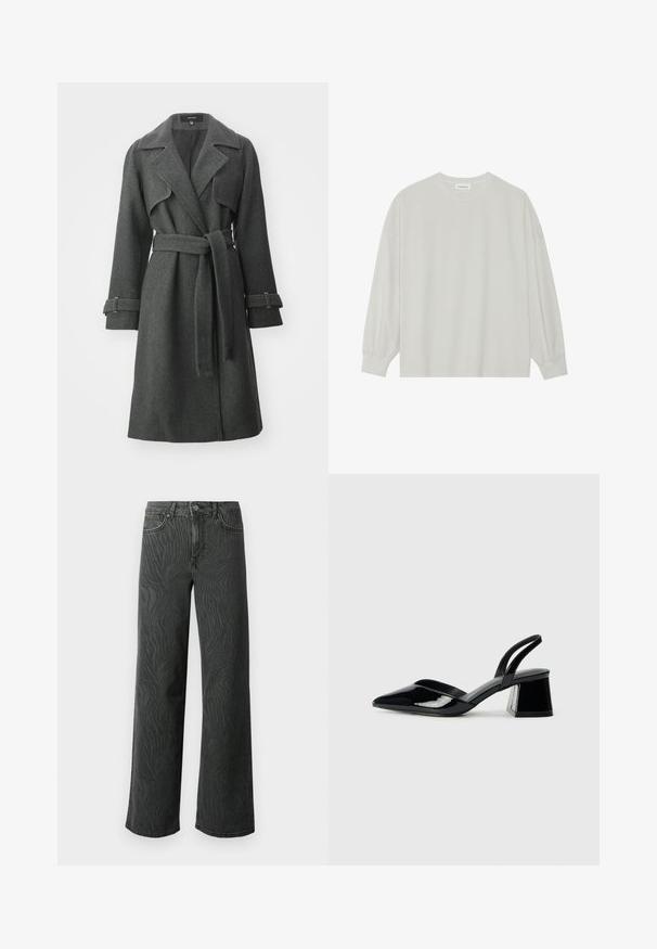Grå ull trenchcoat med beltestolpe, notched collar og lange ermer med tabs. Har kontraststing og rett snitt.; Lys grå langermet t-skjorte laget av myk bomull. Har en løs passform, rund hals og forsiktig samlet mansjetter. Ingen mønstre eller grafikk.; Vide ben jeans i mørkegrå denim, med en subtil zebra-mønster tekstur, kontrast søm, og fem lommer med knappestol. ; Svarte patentlær slingback hæler med spiss tå og geometrisk blokk hæl. Har et stilrent, minimalistisk design og jevn tekstur.