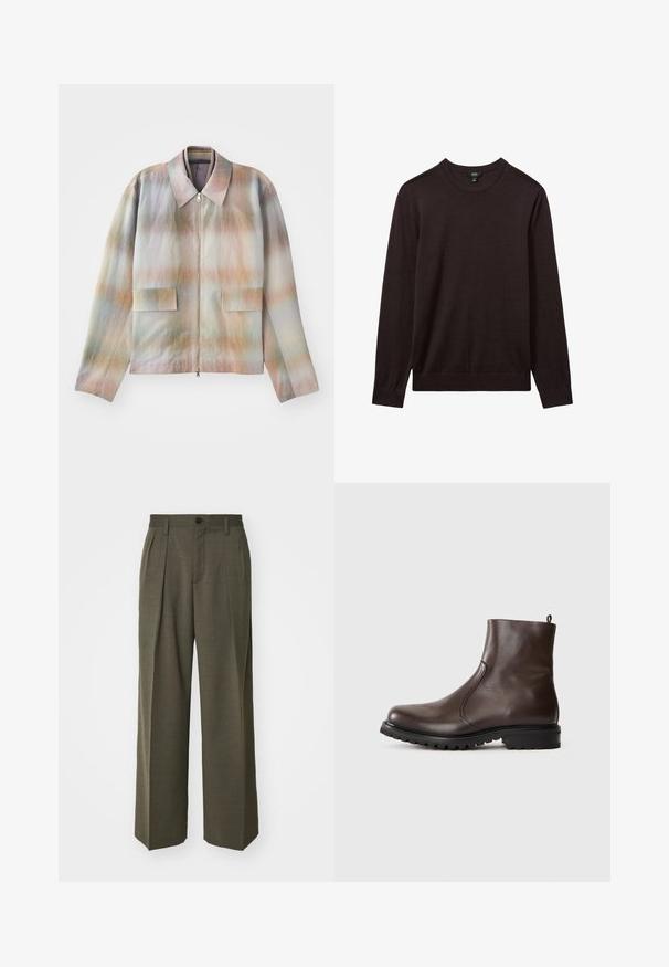 Jacke mit Reißverschluss und strukturiertem Kragen, versehen mit einem pastellfarbenen Verlaufsmuster, zwei Fronttaschen und einem glatten, leicht strukturierten Stoff.; Reiss Strickpullover - dark bordeaux; Filippa K WIDE TROUSERS - Stoffhose - driftwood; Braune Leder-Stiefeletten mit glatter Textur, elastischen seitlichen Einsätzen, einer Schlaufe hinten und einer robusten Gummisohle.