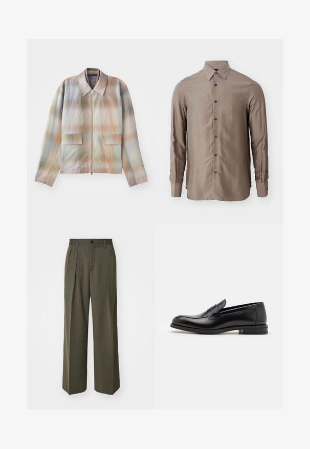 Bunda na zip s vypolstrovaným límcem, zdobená pastelovým gradientním vzorem, má dvě přední kapsy a hladkou, mírně texturovanou tkaninu.; Kostková košile s dlouhým rukávem v taupe barvě, vyrobená z hladkého materiálu, s zapínáním na knoflíky a tmavými knoflíky, s malým logem na hrudi.; Filippa K WIDE TROUSERS - Kalhoty - driftwood; Černé kožené polobotky s hladkou texturou, zaoblenou špičkou a zdobným páskem přes nárt. Nízký stohovaný podpatek, minimalistický design.