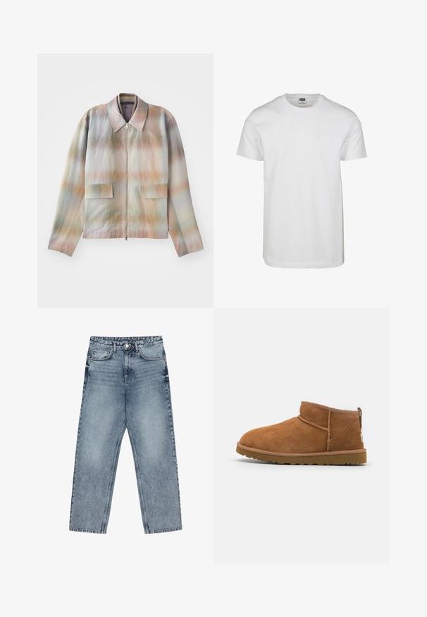 Giacca con zip frontale e colletto strutturato, caratterizzata da un motivo a gradiente pastello, due tasche posteriori e un tessuto morbido e leggermente strutturato.; T-shirt bianco in cotone con scollo rotondo, maniche corte e vestibilità comoda. L'etichetta reca la scritta "URBAN CLASSICS". Texture liscia, senza motivi né dettagli.; Jeans in denim azzurro chiaro con taglio a gamba dritta, cuciture visibili, design a cinque tasche e chiusura a bottoni in vita.; Stivaletto in camoscio color tan con punta rotonda, dettagli di cucitura discreti e suola in gomma texture. Altezza ridotta senza lacci.