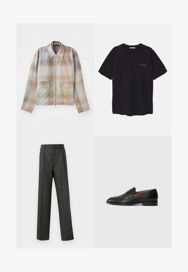 Jas met rits aan de voorkant en een gestructureerde kraag, met een pastelgradiëntpatroon, twee voorzakken en een gladde, licht getextureerde stof.; Zwarte katoenen T-shirt met een ronde hals, korte mouwen en een witte logo-print op de linkerkant van de borst. Eenvoudig, effen kleur ontwerp.; Grijze op maat gemaakte broek van gestructureerde stof, met twee voorplooien en een rechte pijp. Geen zichtbare zakken of versieringen.; Zwarte leren instapper met een ronde neus, subtiele stikdetails en een lage hak, met een gladde textuur en een minimalistisch ontwerp.
