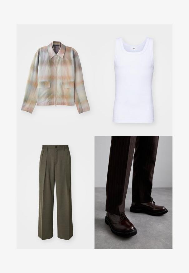 Jachetă cu fermoar în față, cu un guler structurat, având un model de gradient pastelat, două pockets în față și un material neted, ușor texturat.; Top din bumbac alb fără mâneci, cu un decolteu rotund, având o textură netedă și o formă ajustată, conceput pentru purtarea casual.; Filippa K WIDE TROUSERS - Pantaloni - driftwood; Pantofi din piele maro, cu șiret, având un finisaj lucios, talpă din cauciuc negru și o cusătură subtilă. Purtați cu pantaloni maro cu dungi.