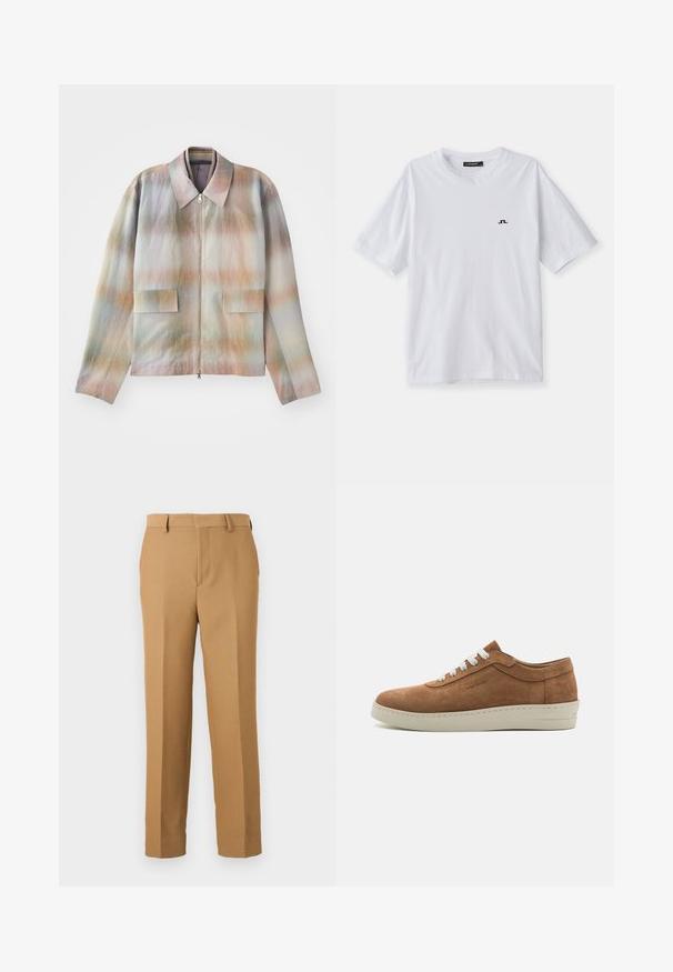 Zip-front jacket with a structured collar, featuring a pastel gradient pattern, two front pockets, and a smooth, slightly textured fabric.; White cotton t-shirt with a crew neck and short sleeves, featuring a small black logo on the chest. Smooth texture and relaxed fit.; Beige dress pants made of woven fabric, featuring a straight cut, flat front, and belt loops. Smooth texture with no visible patterns.; Brown suede sneaker with white laces, rounded toe, and a textured rubber sole. Features a stitched accent along the sole edge.