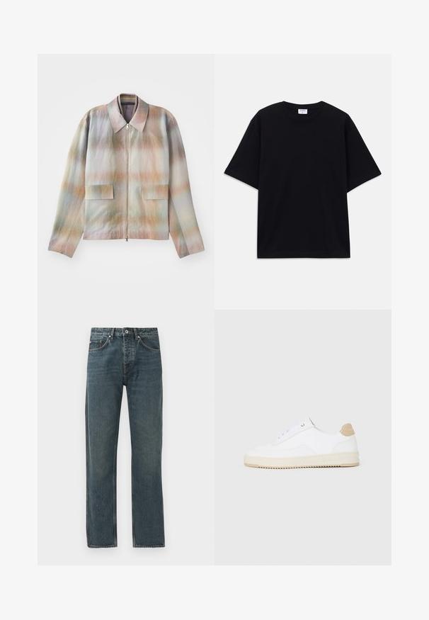 Cipzáras dzseki struktúrált gallérral, pasztell színátmenetes mintával, két elülső zsebbel és sima, enyhén textúrált anyagból.; Fekete, rövid ujjú, oversize póló kerek nyakkivágással és látható Filippa K márkacédulával a gallér belső részén.; Sötétkék farmernadrág egyenes lábbal, öt zsebbel, gombos záródással és kontrasztos varrási részletekkel.; Fehér, alacsony szárú sportcipők textúrált bőr felsőrésszel, krémszínű bordás talppal és barna sarokdíszítéssel. Fehér fűzőkkel és logóval ellátott sarokkialakítással rendelkezik.