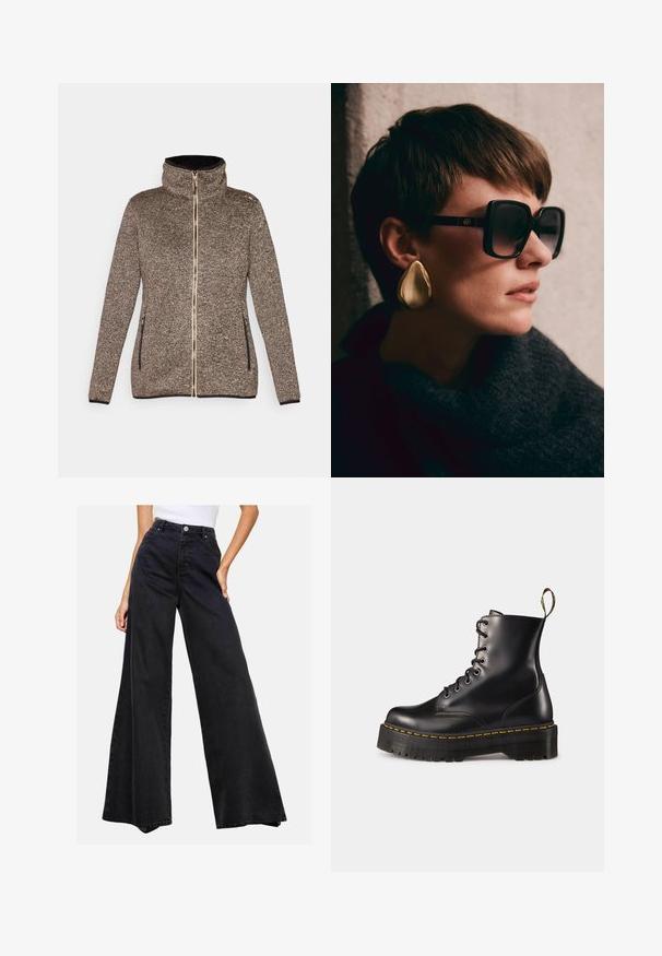 Giacca a zip in maglia nei toni del marrone e del nero, con colletto alto, due tasche laterali e un tessuto testurizzato caratterizzato da un motivo sottile.; Hoodie nero accorciato realizzato in tessuto morbido, con cappuccio regolabile tramite cordino, tasca a marsupio sul davanti e un piccolo logo Nike bianco sul petto.; Jeans neri a gamba ampia realizzati in denim. Vita alta con chiusura a bottoncino, caratterizzati da un design pulito e senza motivi o accenti prominenti.; Stivali alla caviglia in pelle nera con lacci, dotati di una suola nera spessa e cuciture gialle. Presentano una linguetta sul retro e occhielli metallici circolari.; Occhiali da sole neri oversize con lenti scure e dettagli in oro, abbinati a un grande orecchino a forma di goccia in oro lucido. Sciarpa di tessuto scuro.; Borsa a tracolla nera trapuntata con un logo triangolare dorato, dotata di una doppia tracolla a catena e una texture in pelle liscia. Forma rettangolare con chiusura a patta.; Bracciale in oro rosa caratterizzato da due fasce intrecciate, una delle quali decorata con una fila di diamanti, superficie elegante e bordi lisci.