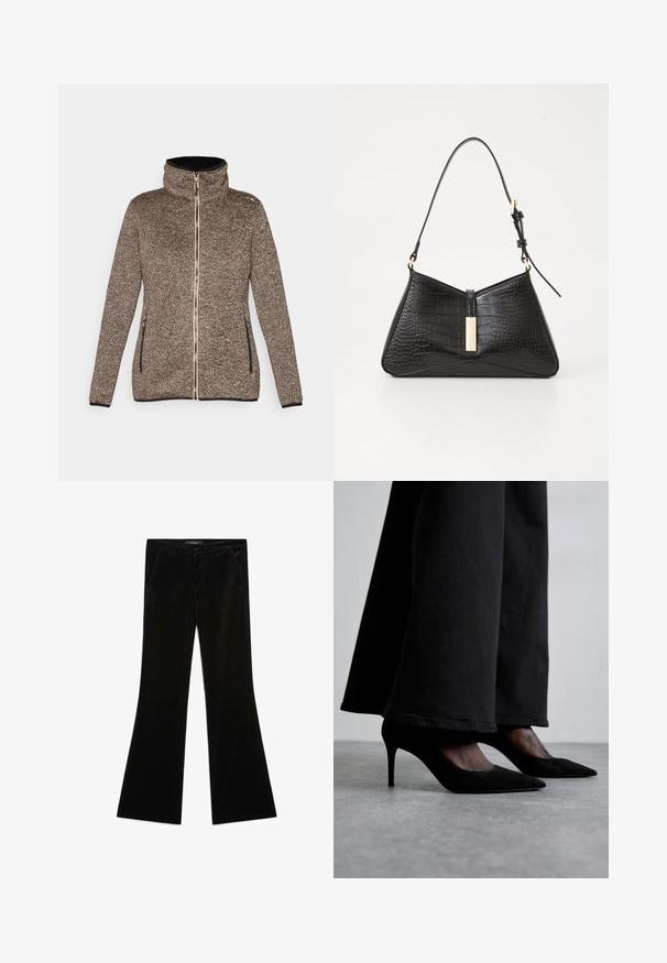 Pletená mikina na zip v hnědých a černých tónech, s vysokým límcem, dvěma bočními kapsami a texturovanou látkou s jemným vzorem.; Bílá halenka s dlouhými rukávy a klasickým límečkem, zapínání na knoflíky vpředu a naříznutím po stranách. Hladká tkanina s tvarovaným střihem.; Černé sametové zvonové kalhoty s hladkou texturou, vybavené dvěma předními kapsami a úzkým pasem, navržené pro elegantní siluetu.; Černé z semišové kůže, vysoké boty na podpatku s špičatou špičkou, nošené s černými širokými kalhotami, mají elegantní design a jemný lesk.; Černá kabelka vyrobená z materiálu s embosovaným krokodýlím vzorem, s trojúhelníkovým tvarem, štíhlým ramenním popruhem a zlatým kovovým detailem uprostřed.; Černé kožené rukavice s prošívaným černým semišovým manžetou. Mají hladký povrch a decentní akcent s logem v oblasti zápěstí.; Stříbrné náušnice ve tvaru kapky s kulatými akcenty na modelce, která nosí bílé žebrové bezramínkové tričko, které ukazuje hladký povrch.