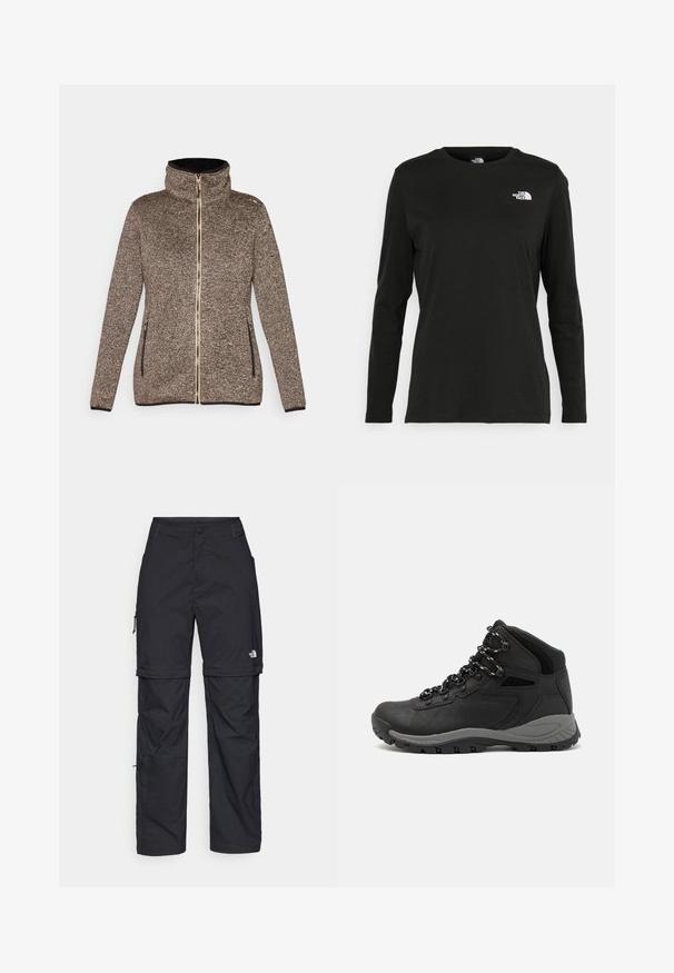 Knit zip-up jacket in brown and black tones, featuring a high collar, two side pockets, and a textured fabric with a subtle pattern.; Black long-sleeve t-shirt made of cotton with a round neck. Features a small white logo on the left chest area. Simple design and fit.; Black nylon zip-off cargo trousers with adjustable cuffs, multiple pockets, and a logo on the right leg. Smooth, lightweight texture.; Black hiking boot with a mid-top design, featuring a textured upper, gray accents, and durable rubber sole with traction lugs.