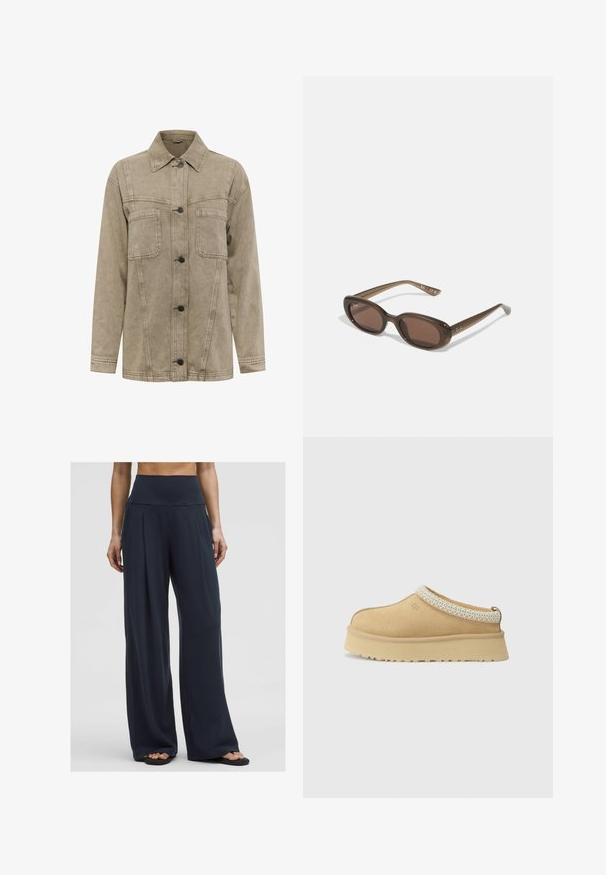 Lys brun denimjakke med krave, to brystlommer og knappelukning foran med mørke knapper. Inkluderer synlige syninger.; Hvid strikket sweater med v-hals og lange ærmer. Har et struktureret diamantmønster og et lille logo på venstre bryst.; Hvid ærmeløs top med justerbare stropper, tætsiddende design, glat stofstruktur og rund halsudskæring. Ingen mønstre eller hardware detaljer.; En kvinde står i højtaljede, vide mørke bukser parret med sandaler, hvilket viser en komfortabel, afslappet stil.; Tan ruskind slip-on sko med en polstret krave og en tekstureret lyseblå accent. Har en tyk, holdbar ydersål med et mønstret slidbane.; Brune ovale solbriller med mørke linser. Stellet er lavet af transparent brunt materiale og har et logo trykt på stængerne.; Vævet beige tote taske med et afslappet design og en enkelt skulderrem. Har et struktureret mønster over hele overfladen.