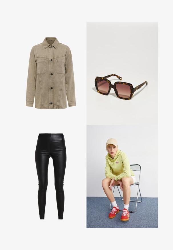 Světle hnědá džínsová bunda s límečkem, dvěma náprsními kapsami a zapínáním na knoflíky s tmavými knoflíky. Obsahuje viditelné detaily šití.; Červený top bez rukávů se záhybovým výstřihem, asymetrickým lemem a detailem zavázání v pase. Vyrobeno z lehké, průsvitné tkaniny.; Černé legíny z umělé kůže s vysokým pasem, přiléhavým střihem, hladkou texturou a bez viditelných švů nebo ozdob.; Světle zelená mikina s logem, bílé kraťasy, červené tenisky s bílými pruhy, sedící na chromové skládací židli na neutrálním pozadí.; CHLOÉ Sluneční brýle - havana/red; Černá kožená kabelka s zakřiveným designem, zlatými akcenty a horním uchem. Vybavena elegantním zavíráním a hladkým povrchem.