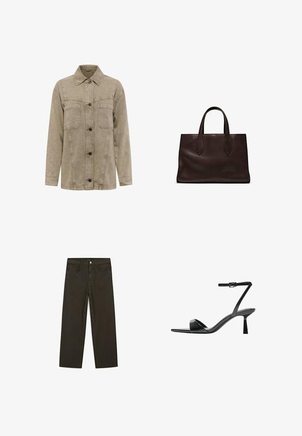 Lys brun denimjakke med krave, to brystlommer og knappelukning foran med mørke knapper. Inkluderer synlige syninger.; Kortærmet, rundhalset, ensfarvet brun T-shirt med en regulær pasform og et synligt mærkelabel indeni kraven.; Mørkegrønne brede jeans lavet af en bomuldsblanding, med en frontlukning med knap, fem lommer og klassisk denim-syning.; Bershka Højhælede sandaletter / Højhælede sandaler - black; Brun læder tote bag med to forlængede håndtag, struktureret rektangulær form, glat overflade og subtile syninger.