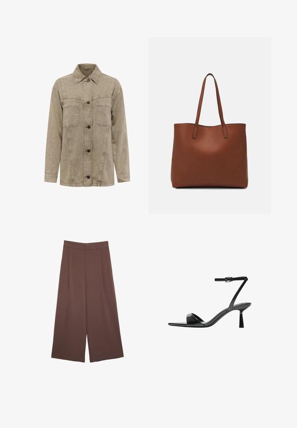 Svijetlosmeđi traper jakna s kragnom, dva džepa na prsima i prednjim zatvaranjem na gumbi s tamnim gumbima. Uključuje vidljive detalje šivanja.; Rjava kratka majica s kratkimi rokavi iz mehkega materiala, s krožnim izrezom in ohlapnim krojem. Brez vidnih vzorcev ali dodatkov.; Rjave široke hlače z gladko teksturo, ki imajo visok pas in sprednje naborke. Tkanina je lahka in prosto pada.; Bershka Sandali z visoko peto - black; Rjava usnjena torba z gladko teksturo, odprto zasnovo zgoraj in dvema naramnima trakovoma. Opremljena je z minimalnim šivanjem in brez vidnih kovinskih delov.