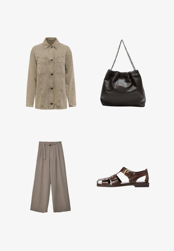 Svetlohnedá jeansová bunda s golierom, dvoma náprsními vreckami a zapínaním na gombíky s tmavými gombíkmi. Obsahuje viditeľné detaily šitia.; Hnedé tričko s krátkym rukávom vyrobené z jemného materiálu, s okrúhlym výstrihom a voľným strihom. Žiadne viditeľné vzory ani akcenty.; Široké nohavice v jemnej, tlmenej šedej tkanine, s opaskom v pase a vreckami pre dodatočný dizajnový detail. Hladký povrch, bez vzorov.; Hnedé kožené sandále s vyrezávaným dizajnom, nastaviteľnou bočnou sponou a plochou podrážkou, s kovovými akcentmi a otvorenou špičkou.; Hnedá kožená taška so zberaným vrchom a reťazovým popruhom. Hladký povrch s lesklým finišom a jemným švom po stranách.
