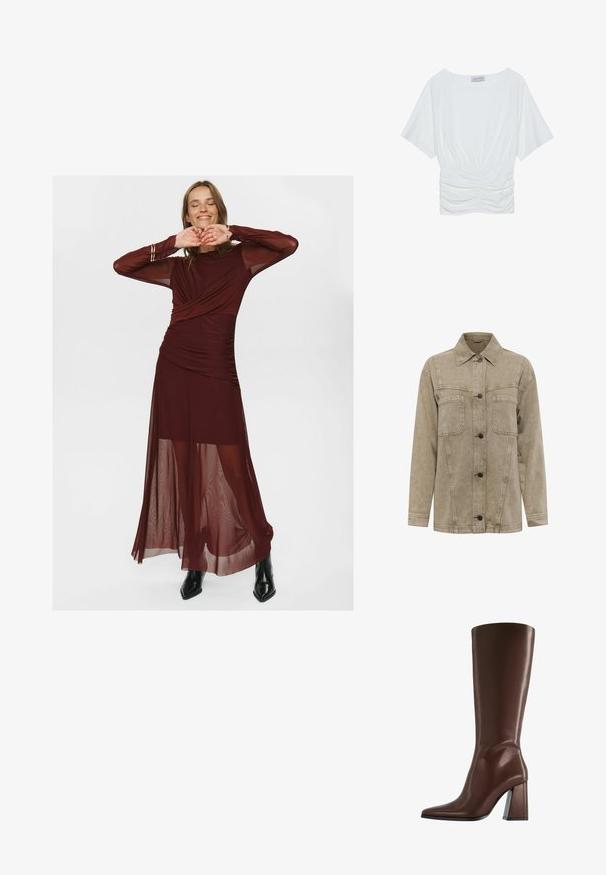 Giacca in denim marrone chiaro con colletto, due tasche sul petto e chiusura a bottoni frontale con bottoni scuri. Include dettagli di cucitura visibili.; Top bianco a maniche corte con vestibilità comoda, caratterizzato da un design arricciato in vita e una texture di tessuto liscia. Etichetta: Anna Field.; Lungo abito bordeaux realizzato in tessuto trasparente e morbido, con un corpino avvolgente, dettagli arricciati e maniche lunghe trasparenti.; Bershka Stivali alti - dark red; Borsa a mano in pelle marrone con doppi manici, accenti in metallo dorato e design strutturato. Presenta una patta centrale con un dettaglio ad anello.