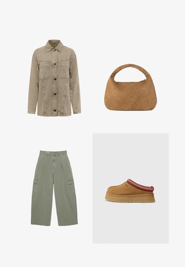 Lichtbruine denimjas met een kraag, twee borstzakken en een knoopsluiting met donkere knopen. Inclusief zichtbare stikseldetails.; Witte tanktop van katoen, met een eenvoudig ontwerp, een ronde halslijn en een zwart "HUGO" logo in het midden. Gladde textuur.; Olijfgroene cargobroek met wijde pijpen, voorzien van twee zijzakken en een knoopsluiting. Gemaakt van stevige katoen.; Bruine suède instapschoen met een rood en crèmekleurig patroon aan de rand, een gestructureerde zool en het UGG-logo aan de zijkant. Heeft een lichte platformhoogte.; Geweven tan handtas met een ronde handgreep, gemaakt van zacht leer. Voorzien van een ritssluiting en een ingewikkeld vlechtpatroon.
