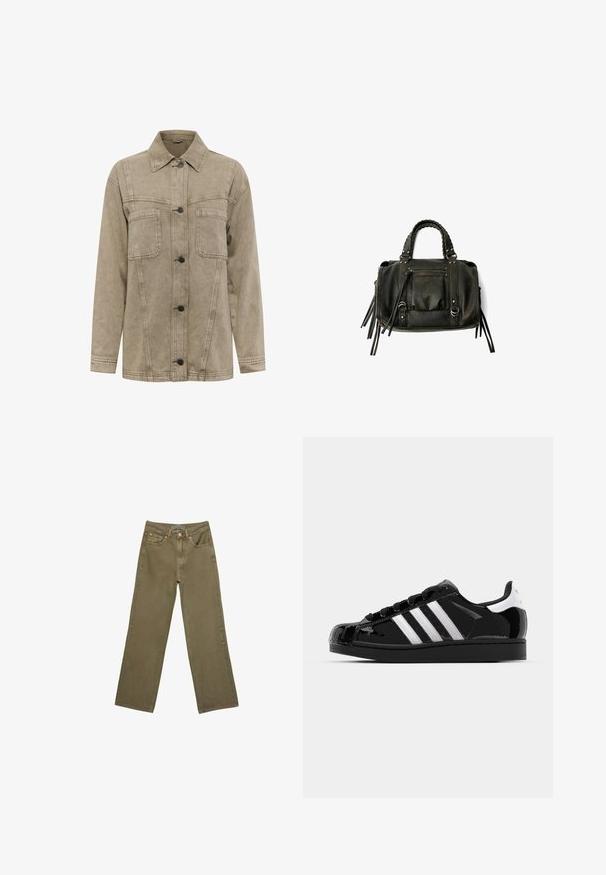Svijetlosmeđa traper jakna s kragnom, dva džepa na prsima i kopčanjem na gumbe s tamnim gumbima. Uključuje vidljive detalje šivanja.; Dvije majice kratkih rukava: jedna crna i jedna bijela. Obje imaju uski kroj s nabranoj bočnom detaljnom i zaobljenim rubovima.; Maslinasto zelene hlače širokog kroja od pamuka s čvrstom teksturom. Imaju zatvarač, pet džepova i kontrastnu šavnu obrubljenu u području struka.; adidas Originals SUPERSTAR II - Tenisice - core black/footwear white/gold metallic; Crna kožna torba s pletenim ručkama, džepom na zatvarač i visećim resicama. Teksturirana površina s metalnim zakovicama i hardverskim naglascima.