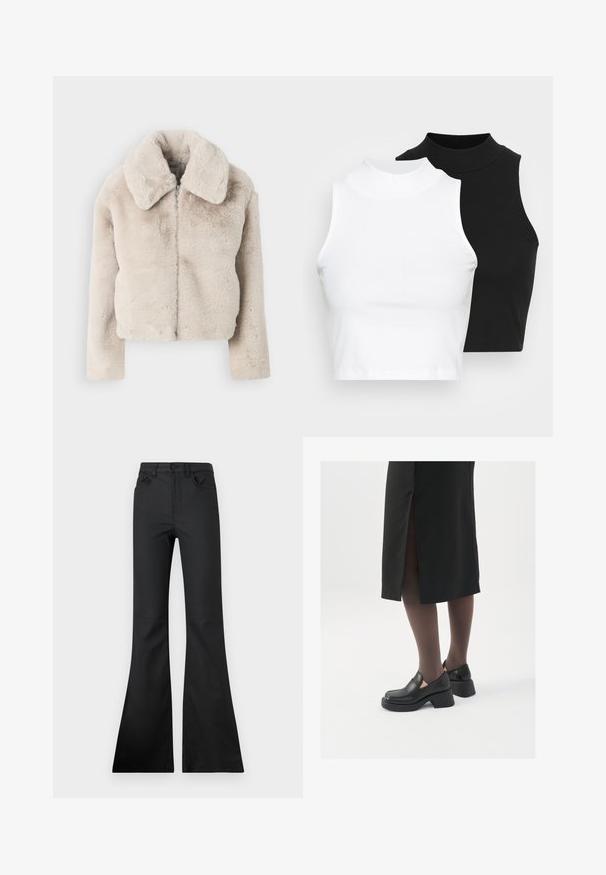 GAP JACKET - Vinterjakke - beige; To sleeveless ribbestrikkede turtleneck topper i svart og hvitt, med en tettsittende design og glatt tekstur, med kort lengde.; Svart flared jeans med middels høy livhøyde, laget av glatt stoff. Har fem lommer og synlige sømdetaljer.; Sorte lærersko med rund tå, tykk blokkheel og elastiske sideaksenter, sammen med mørke strømpebukser og et svart skjørt med splitt.