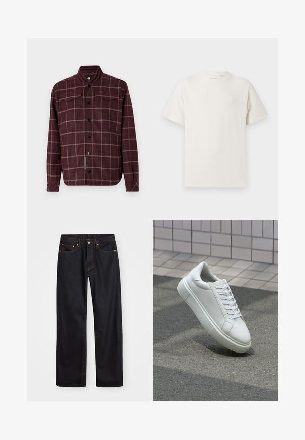 Bordeauxrot karierte Hemd mit Knöpfen und geripptem Kragen, zwei vorderen Taschen und schwarzen Knöpfen. Verfügt über kontrastierende weiße Nähte.; Weißes T-Shirt mit kurzen Ärmeln in gerippter Textur. Runder Ausschnitt, lockere Passform, keine sichtbaren Muster oder Akzente. Einfaches und vielseitiges Design.; Herren gerade geschnittene schwarze Jeans aus Denim mit fünf Taschen und orangefarbenen Nähten, Knopf- und Reißverschluss vorne am Bund.; Weiße Leder-Sneaker mit glatter Oberfläche, runder Zehenpartie und flachen weißen Schnürsenkeln. Verfügt über eine strukturierte Gummisohle und minimalistische Designelemente.