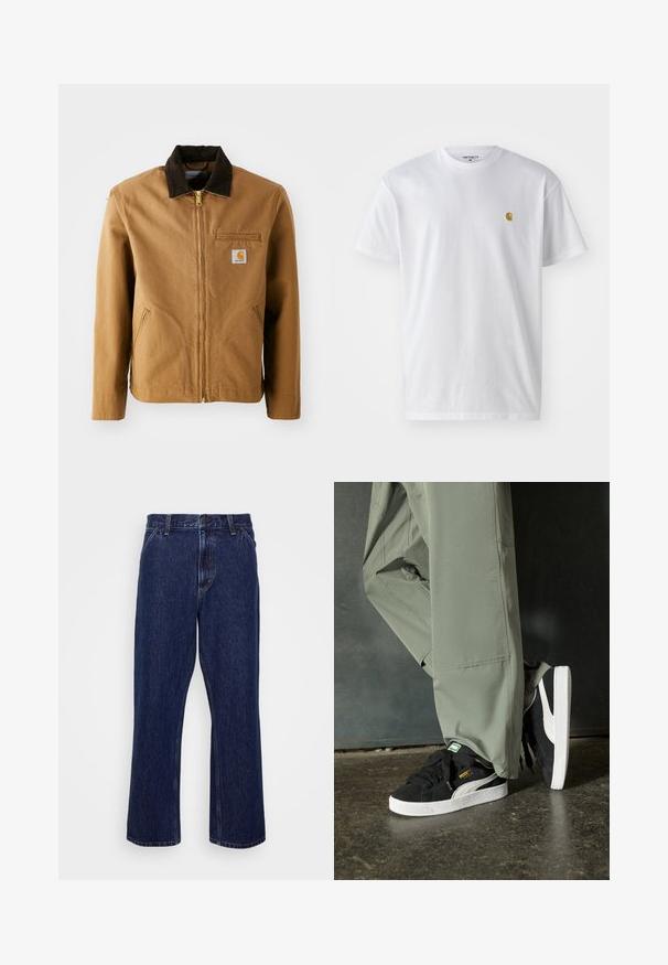 Ruskea kangastakki, jossa on tumma ruskea samettikaulus, vetoketju, rintatasku ja sivutaskut. Vasemmalla puolella on logo-painatus.; Valkoinen puuvillapaita lyhyillä hihoilla, pyöreä kaula-aukko, jossa on pieni kultainen logo vasemmassa rintapielessä. Pehmeä kangas ja normaali istuvuus.; Tummansininen farkkushousu, jossa on suora lahje, varustettu nappisuljennalla, viiden taskun tyylillä ja hienovaraisilla ompeluyksityiskohdilla.; Mustat mokkakengät, joissa on valkoiset kumipohjat ja sivuraitoja, yhdistettynä vaaleanvihreisiin cargo-housuihin, seisoen tummalla teksturoidulla pinnalla.