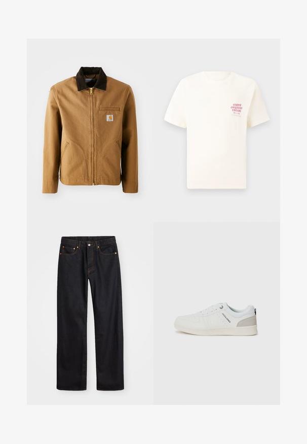 Ruda drobės striukė su tamsiai rudą velveto apykakle, užtrauktuko uždarymu, krūtine kišene ir šoninėmis kišenėmis. Kairėje pusėje yra logotipo pleistras.; Balta trumpa rankovėmis marškinėliai su raudonu užrašu "Studio Originals Edition" kairiajame krūtinės šone, rodomi neutralioje pilkoje aplinkoje.; Vyrų tiesaus kirpimo juodi džinsai iš denim medžiagos, su penkiomis kišenėmis ir oranžinėmis siūlėmis, su mygtuko ir užtrauktuko uždarymu ant priekio.; Baltos kasdienės sportbačiai su perforuotu dizainu ir šviesiai pilkais akcentais, su raišteliais ir prekės ženklu šone, pateikti ant vientiso fono.