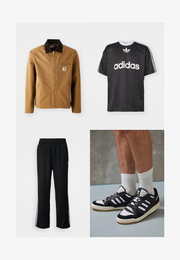 Bruine canvas jas met een donkerbruine corduroy kraag, ritssluiting, borstzak en zijzakken. Bevat een logo patch aan de linkerkant.; Zwarte t-shirt met korte mouwen, voorzien van een witte "adidas" logo en drie strepen op elke schouder. Gemaakt van glad, lichtgewicht materiaal met een ronde hals.; Zwarte sportbroeken met een elastische tailleband, voorzien van witte zijkanten en een klein logo. Het materiaal lijkt zacht en lichtgewicht te zijn.; Zwart-witte sneakers met een bovenwerk van suede en leer, voorzien van drie witte strepen, een geperforeerde neus en een rubberen gumzool.