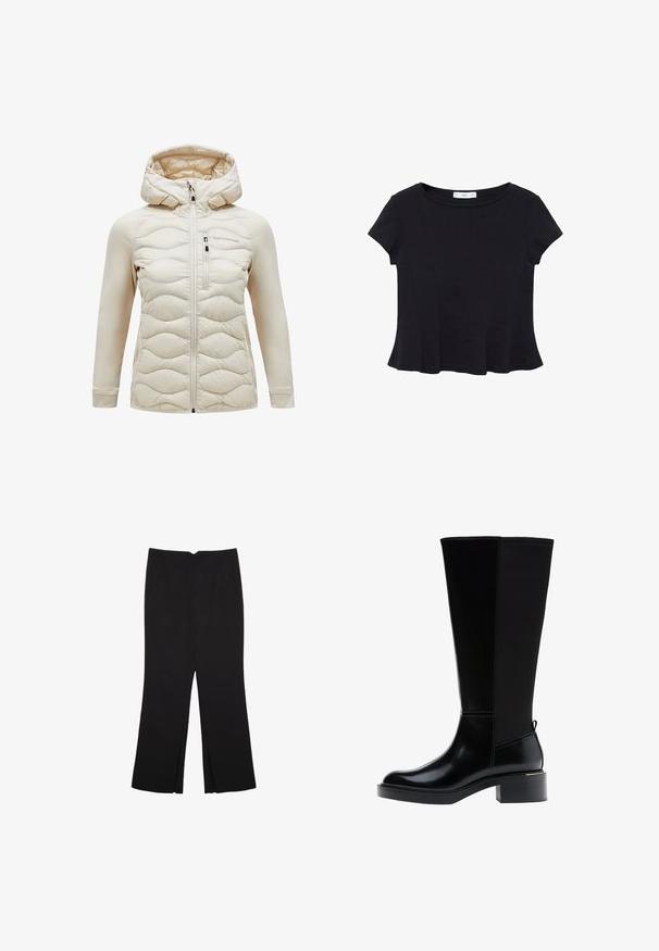 Giacca beige con cappuccio, fronte trapuntato, maniche lisce, zip frontale e tasca sul petto. Tessuto morbido con una leggera lucentezza.; Top nero a maniche corte realizzato in un tessuto morbido, con scollatura rotonda e orlo svasato con dettagli di cucitura discreti.; Pantaloni neri a gamba dritta, con tasche frontali e spacchi laterali all'orlo. Realizzati in tessuto morbido e liscio. Adatti a diverse occasioni.; Stivale nero fino al ginocchio in pelle liscia, con evidenti cuciture, tacco spesso e pannello posteriore testurizzato per un tocco di interesse in più.