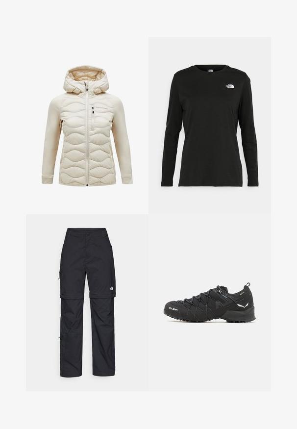 Beige hoodie met een doorgestikte voorkant, gladde mouwen, een ritssluiting aan de voorkant en een borstzak. Zacht materiaal met een subtiele glans.; Zwart langsluiting T-shirt van katoen met een ronde hals. Heeft een klein wit logo op de linkerkant van de borst. Eenvoudig ontwerp en pasvorm.; Zwarte nylon cargo broek met afneembare pijpen, verstelbare manchetten, meerdere zakken en een logo op het rechterbeen. Gladde, lichte textuur.; Zwarte wandelschoenen met een bovenkant van textuurstof, een vetersysteem en een robuuste rubberen zool. Verfraaid met reflecterende details en logo's.