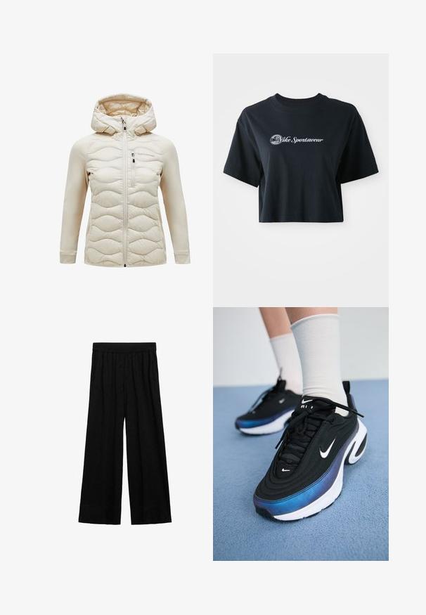 Beige hooded jacket with a quilted front, smooth sleeves, front zipper, and a chest pocket. Soft fabric with a subtle sheen.; Cropped black cotton t-shirt with short sleeves, featuring white text "Vice Sportswear" and a circular graphic on the front.; Black wide-leg pants made from a soft fabric. Features an elastic waistband and side pockets, with a simple, clean design.; Black Nike sneakers with a smooth fabric upper, featuring a gradient blue-to-black design, white sole, and prominent logo accents.