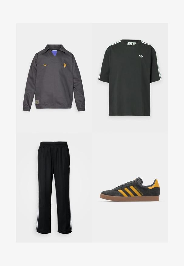 Melna sportiska džemperjaka ar apkakli, ar zilu iekšējo oderi, izšūtiem dzelteniem logotipiem un elastīgām aprocēm un apakšu.; Melna kokvilnas T-krekls ar īsām piedurknēm, apaļu kakla izgriezumu un baltām trim svītrām uz pleciem. Uz krūtīm neliels balts logo.; Melni sporta bikses ar elastīgu jostas vietu, kurām ir baltas sānu svītras un neliels logotips. Materiāls izskatās mīksts un viegls.; Melnas zamšādas kedas ar dzelteniem akcentiem, kurām ir trīs svītras un brūna gumijas zole. Iekļauta mīksta valkāšanas tongue komfortam.